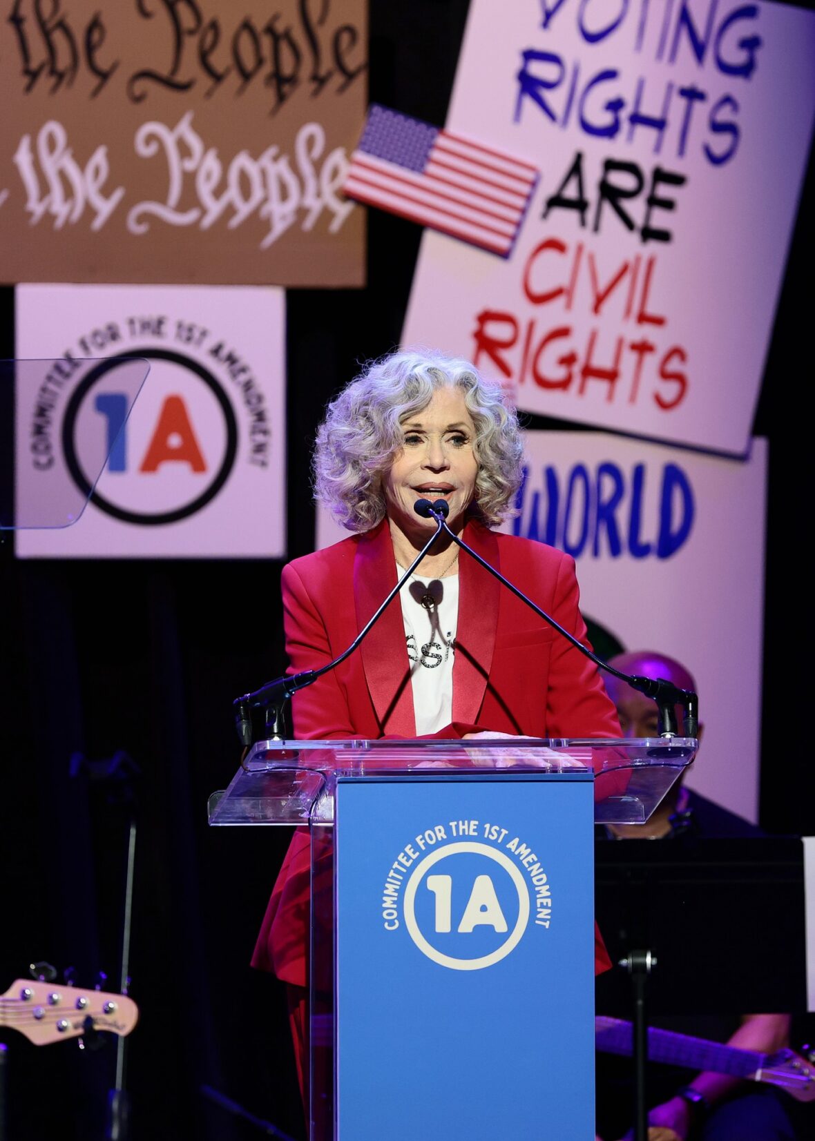 Jane Fonda speaks onstage during the Rise Up, Sing Out: A Concert for the First Amendment
