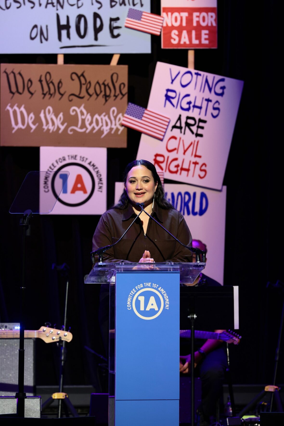 Lily Gladstone speaks onstage during the Rise Up, Sing Out: A Concert for the First Amendment