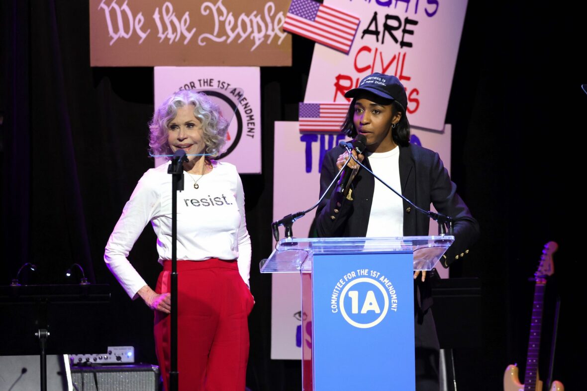 Jane Fonda and Ayo Edebiri speak onstage during the Rise Up, Sing Out: A Concert for the First Amendment