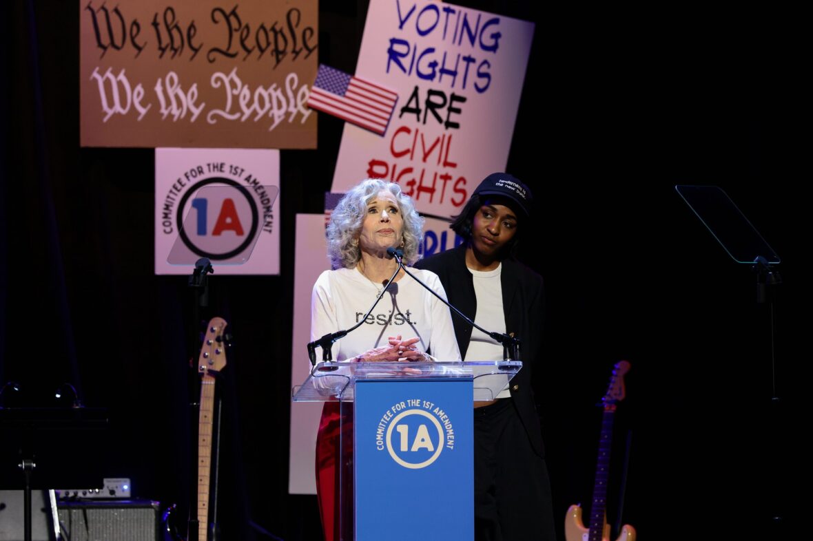 Jane Fonda and Ayo Edebiri speak onstage during the Rise Up, Sing Out: A Concert for the First Amendment