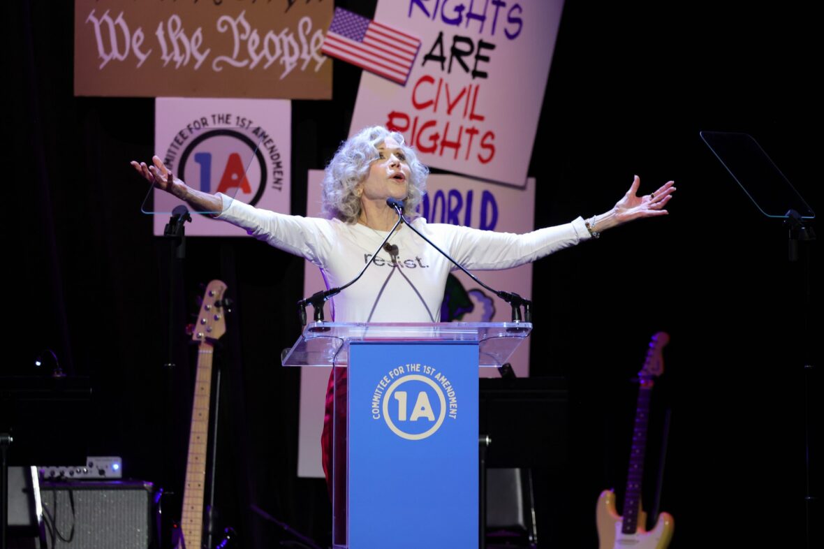 Jane Fonda speaks onstage during the Rise Up, Sing Out: A Concert for the First Amendment