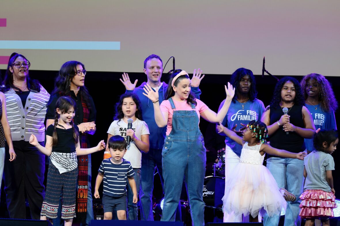 Ms. Rachel speaks onstage during the Rise Up, Sing Out: A Concert for the First Amendment