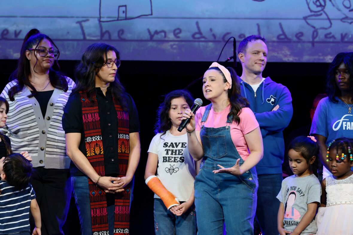 Ms. Rachel speaks onstage during the Rise Up, Sing Out: A Concert for the First Amendment