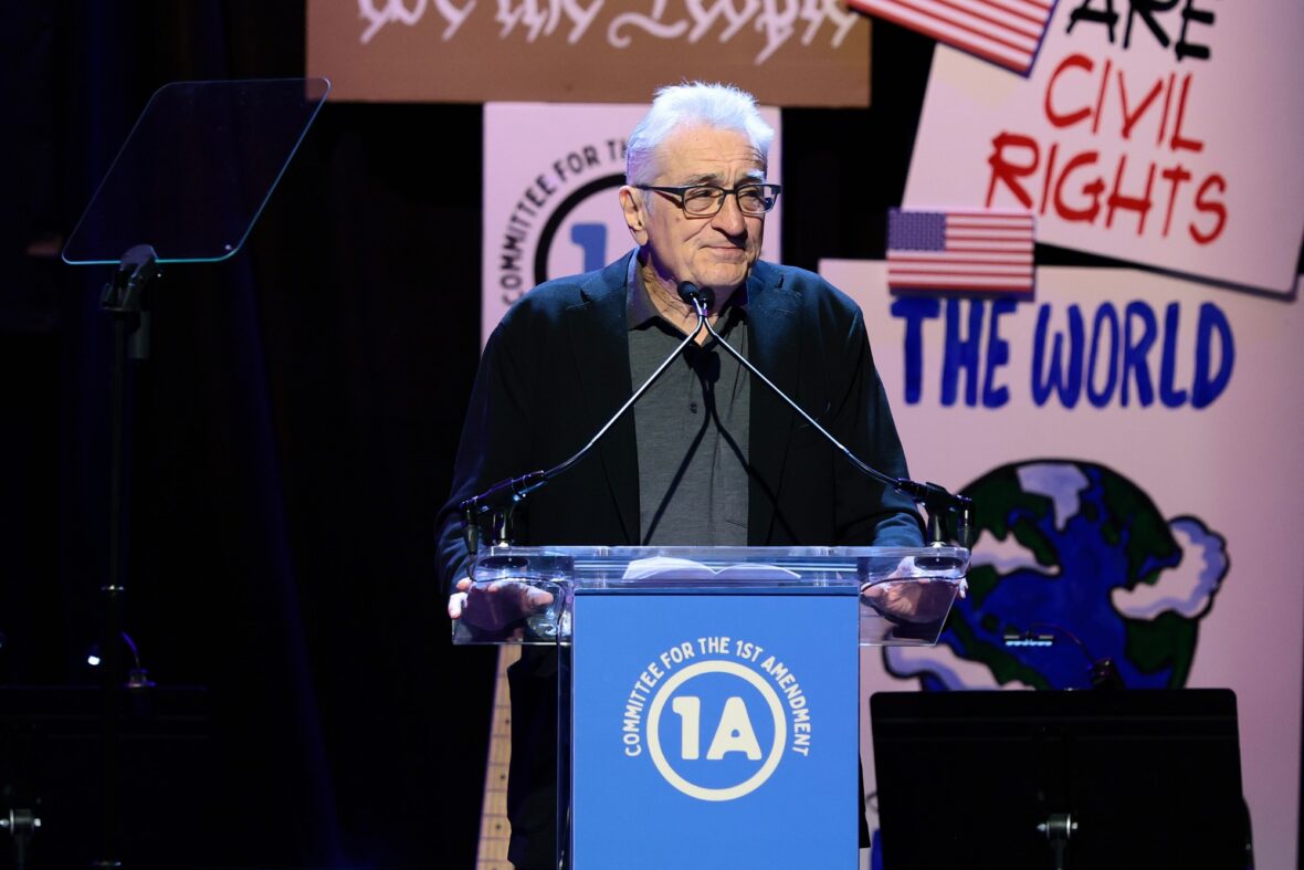 Robert De Niro speaks onstage during the Rise Up, Sing Out: A Concert for the First Amendment