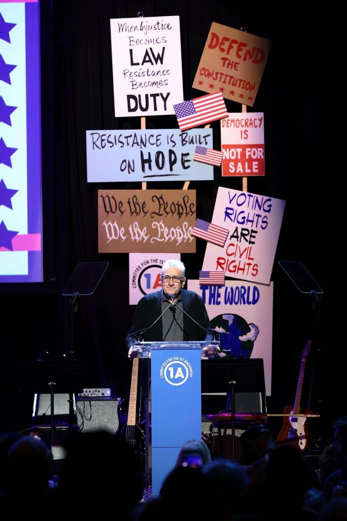 Robert De Niro speaks onstage during the Rise Up, Sing Out: A Concert for the First Amendment