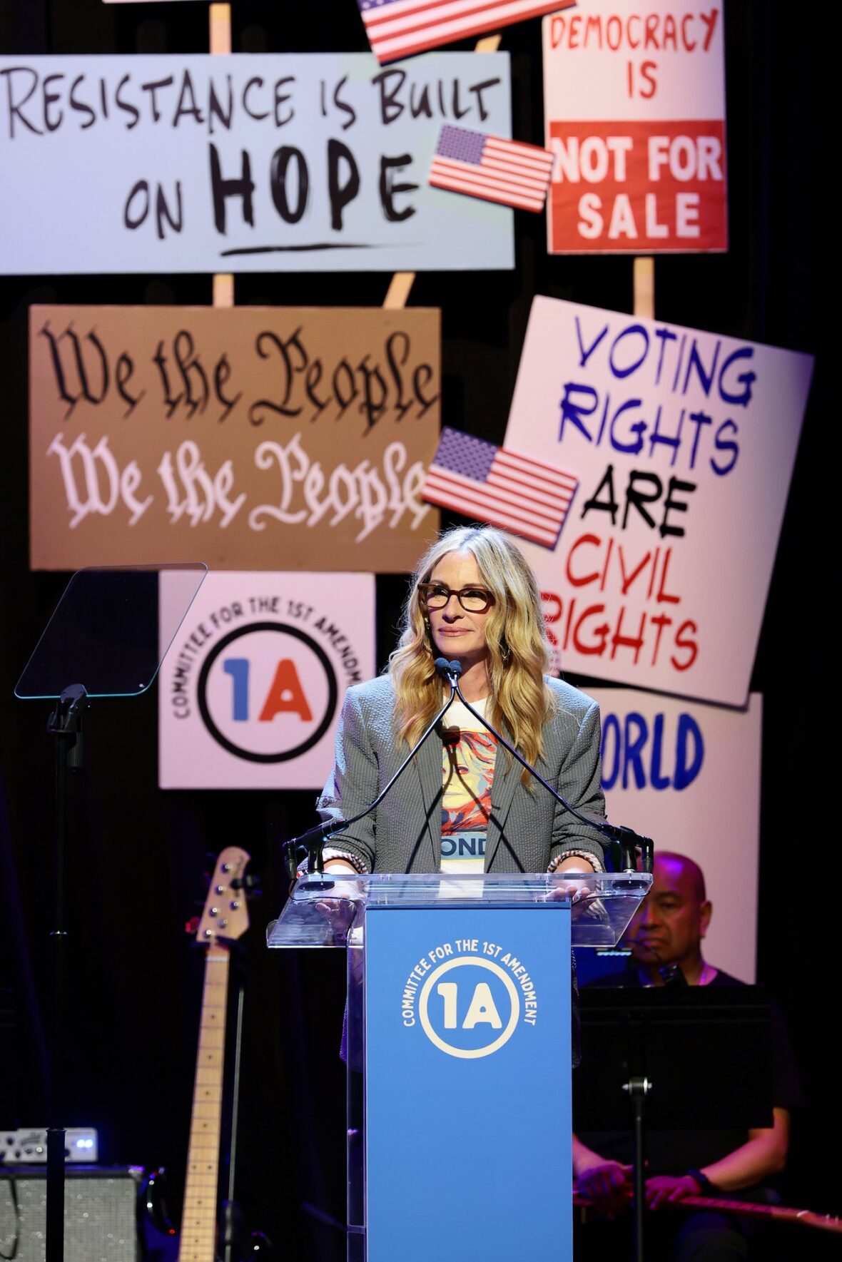 Julia Roberts speaks onstage during the Rise Up, Sing Out: A Concert for the First Amendment