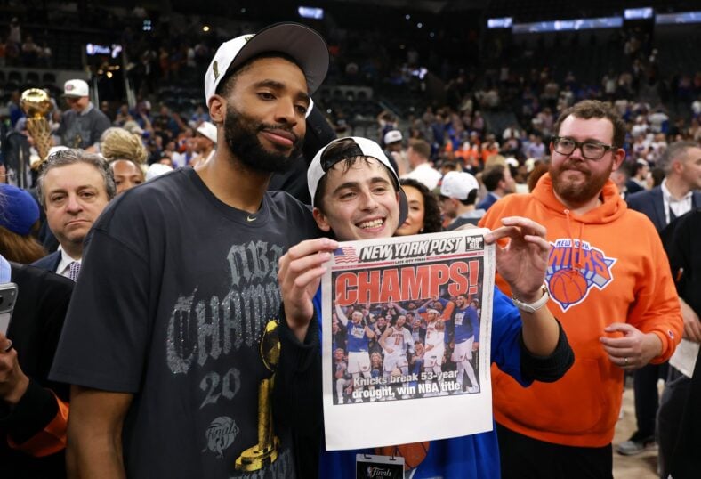 Timothee Chalamet and Mikal Bridges at NBA Finals game five