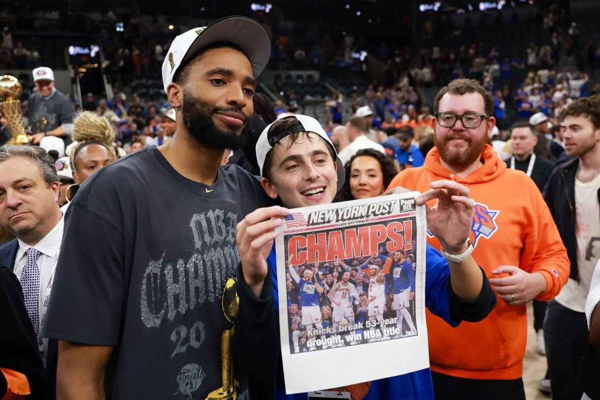 Timothee Chalamet and Mikal Bridges at game five of the NBA Finals