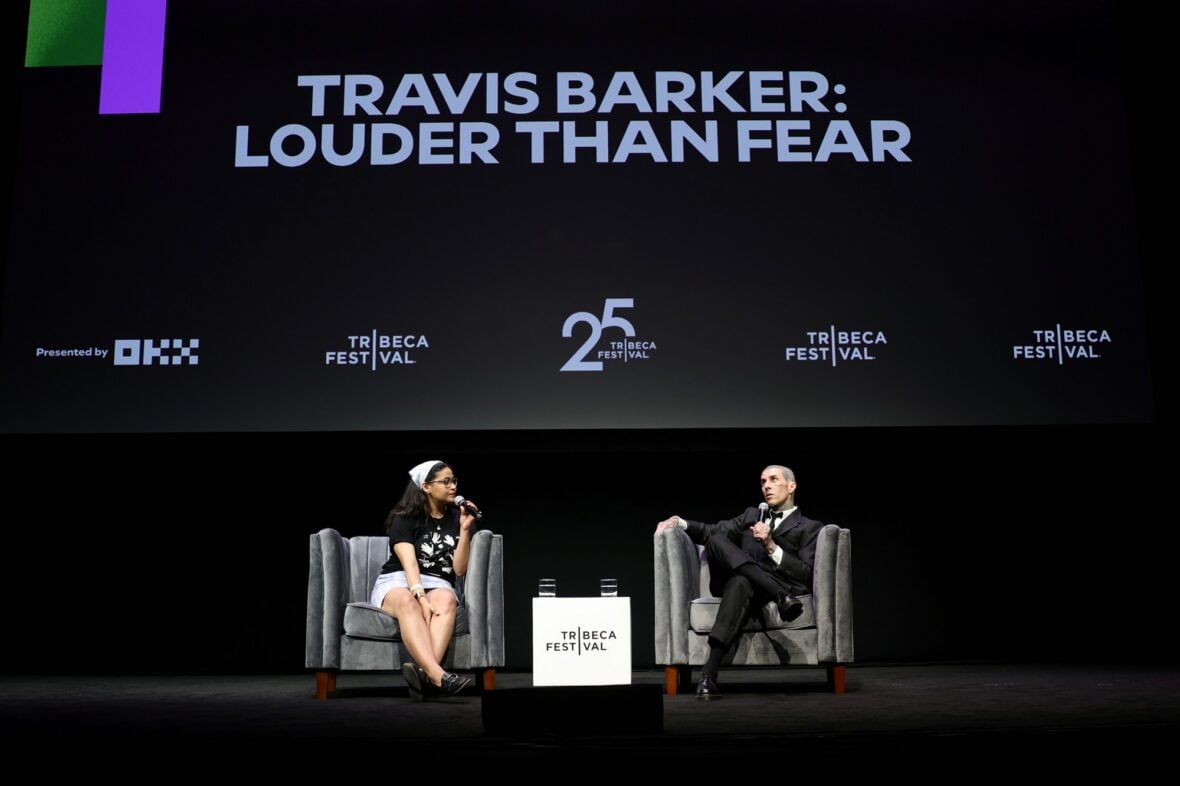 Travis Barker speaks on stage at his Tribeca Film Festival premiere