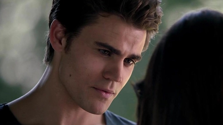 Close-up of Stefan Salvatore looking at Elena Gilbert in The Vampire Diaries