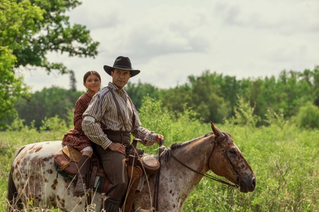 Little House on the Prairie. (L to R) Wren Zhawenim Gotts as Good Eagle, Meegwun Fairbrother as Mitchell in episode 101 of Little House on the Prairie. Cr. Eric Zachanowich/Netflix © 2026