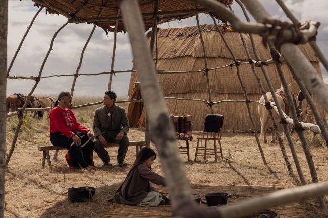 Little House on the Prairie. (L to R) Tahlee Redcorn as Governor Joe, Meegwun Fairbrother as Mitchell in episode 107 of Little House on the Prairie. Cr. Eric Zachanowich/Netflix © 2026