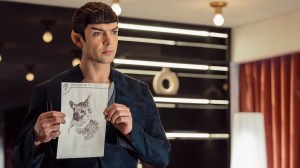 'Star Trek: Strange New Worlds' Season 4 stars Ethan Peck as Spock, shown holding a drawing of a cat