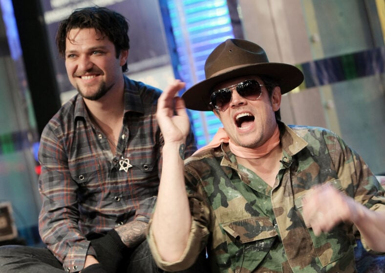 Bam Margera and Johnny Knoxville appear onstage during the 
