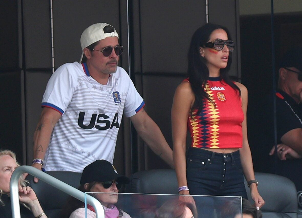 Brad Pitt and Ines De Ramon watch Spain vs. Belgium during the 2026 FIFA World Cup quarter final