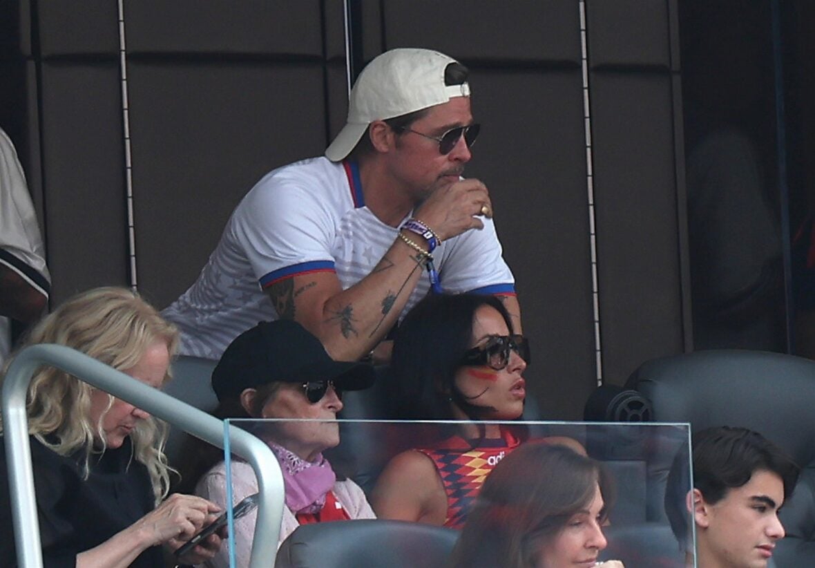 Brad Pitt and Ines De Ramon watch Spain vs. Belgium during the 2026 FIFA World Cup quarter final