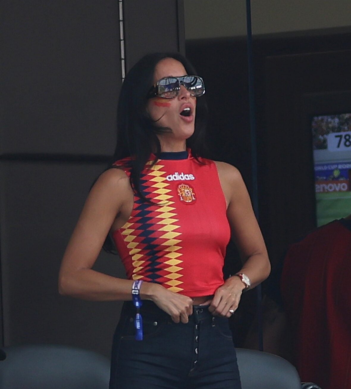 Ines De Ramon watches Spain vs. Belgium during the 2026 FIFA World Cup quarter final