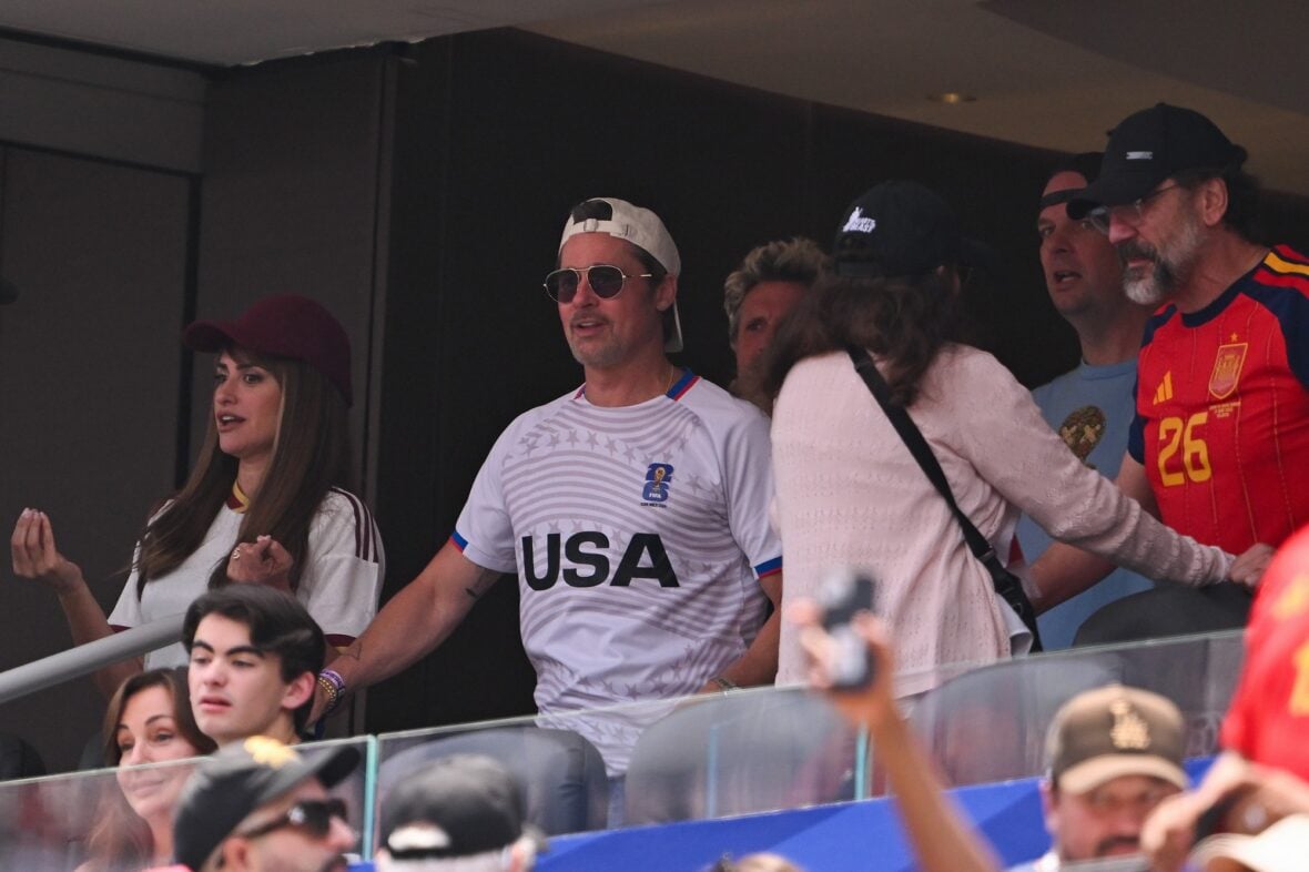 Brad Pitt and Penelope Cruz watch Spain vs. Belgium during the 2026 FIFA World Cup quarter final