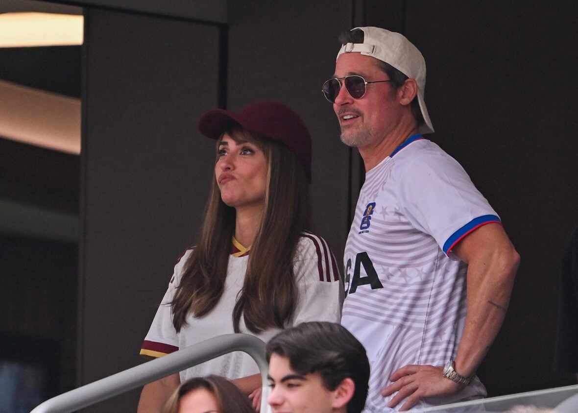 Brad Pitt and Penelope Cruz watch Spain vs. Belgium during the 2026 FIFA World Cup quarter final
