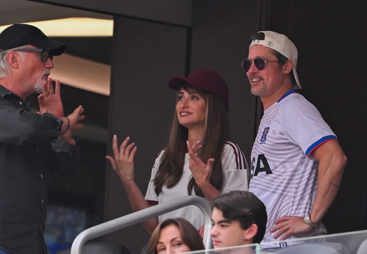 Brad Pitt and Penelope Cruz watch Spain vs. Belgium during the 2026 FIFA World Cup quarter final