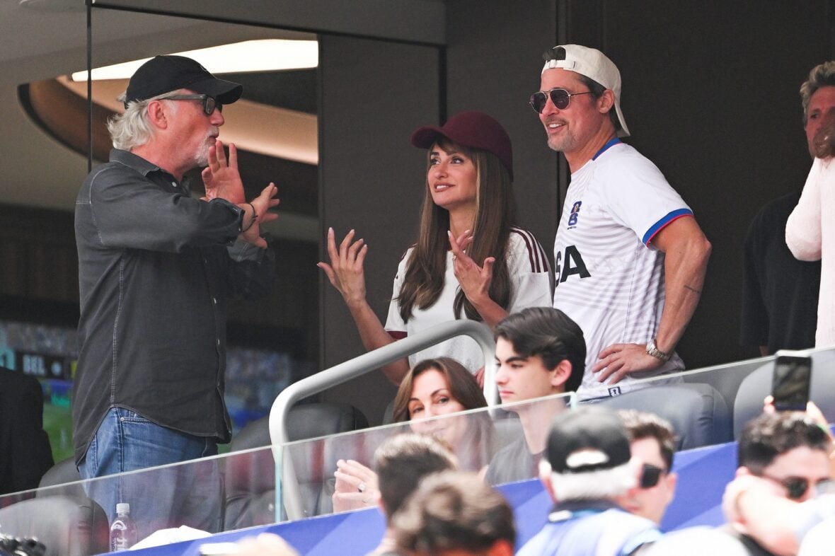Brad Pitt and Penelope Cruz watch Spain vs. Belgium during the 2026 FIFA World Cup quarter final