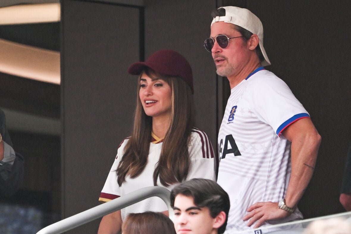 Brad Pitt and Penelope Cruz watch Spain vs. Belgium during the 2026 FIFA World Cup quarter final