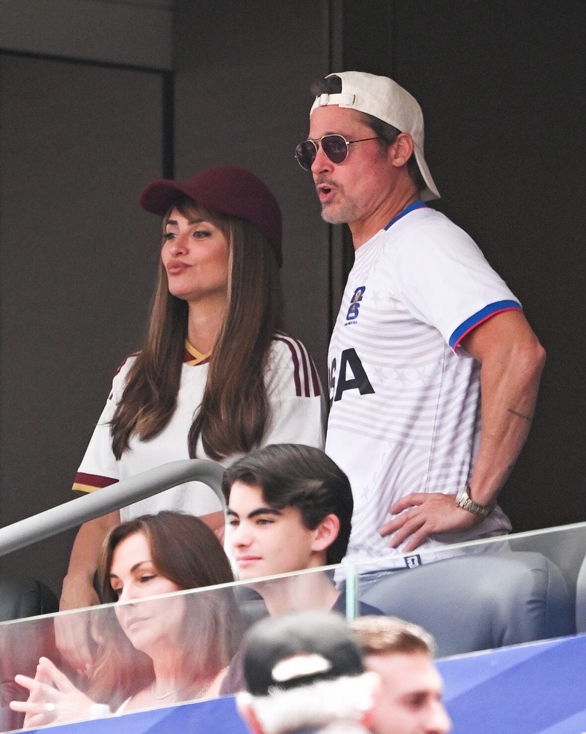 Brad Pitt and Penelope Cruz watch Spain vs. Belgium during the 2026 FIFA World Cup quarter final