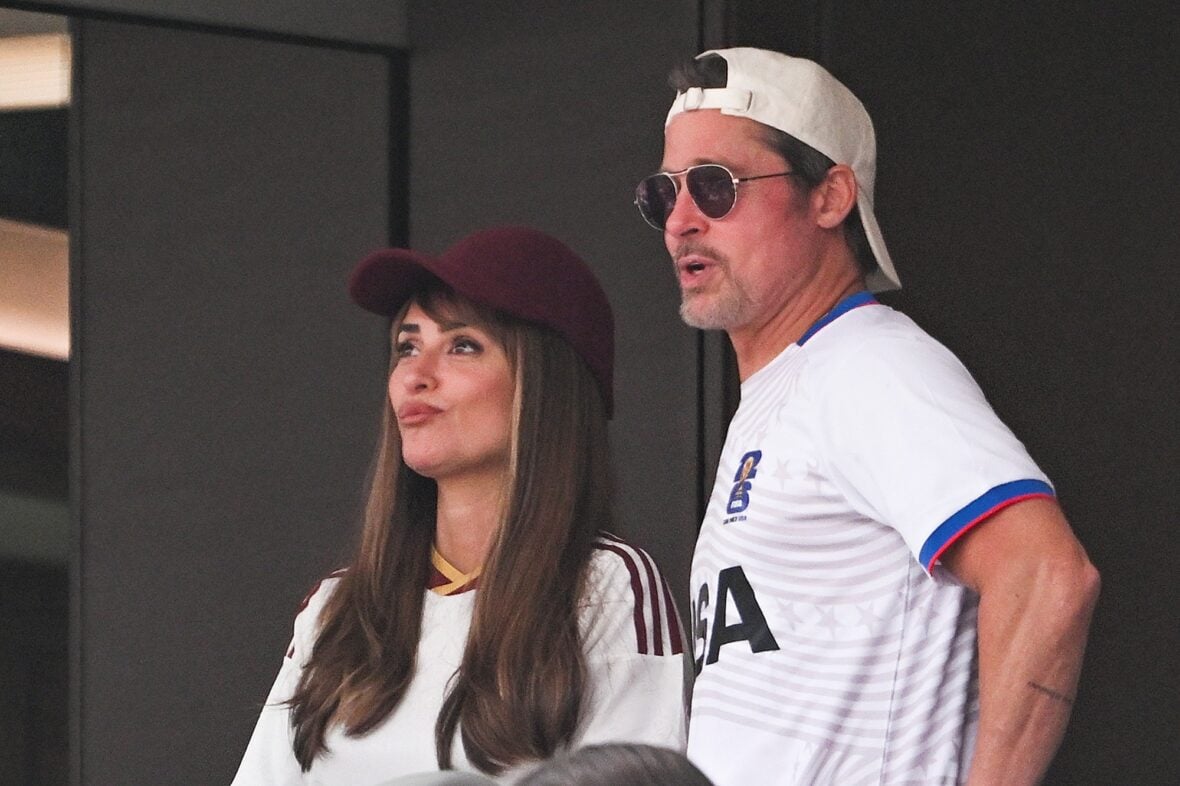 Brad Pitt and Penelope Cruz watch Spain vs. Belgium during the 2026 FIFA World Cup quarter final