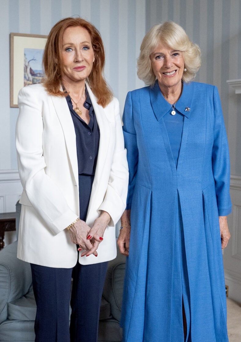J.K. Rowling and Queen Camilla pose for a photo at Holyroodhouse