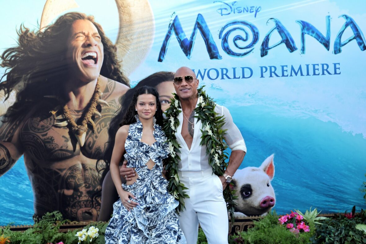 Catherine Laga'aia and Dwayne Johnson at the live-action Moana premiere in Los Angeles