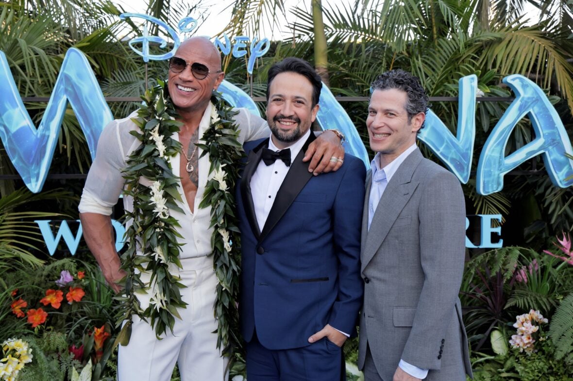 Dwayne Johnson, Lin-Manuel Miranda and Thomas Kail at the live-action Moana premiere in Los Angeles