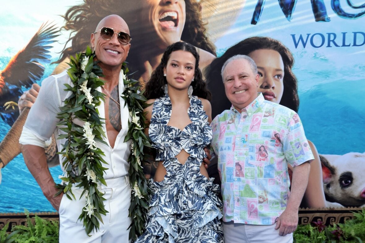 Dwayne Johnson, Catherine Laga'aia and Alan Bergman at the live-action Moana premiere in Los Angeles