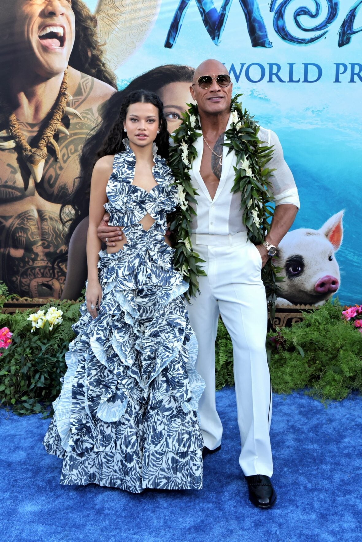 Catherine Laga'aia and Dwayne Johnson at the live-action Moana premiere in Los Angeles