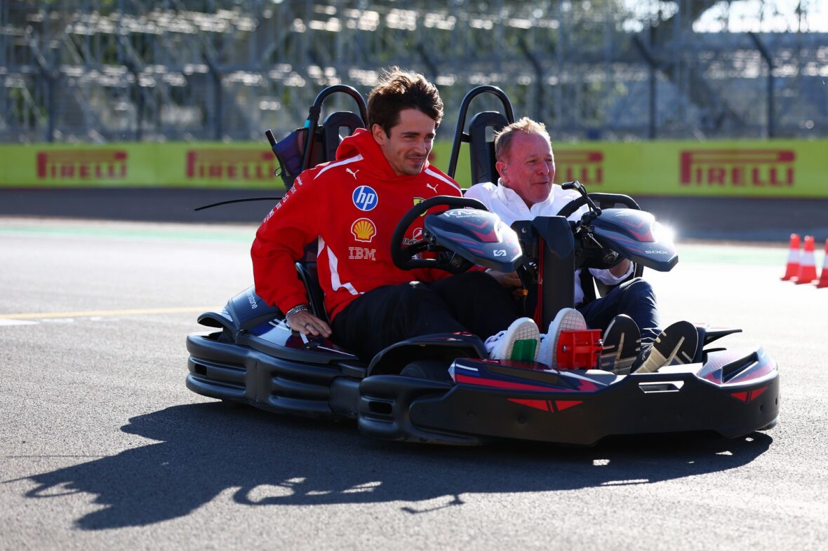 Charles Lecerlc and Martin Brundle go for a drive in a go kart