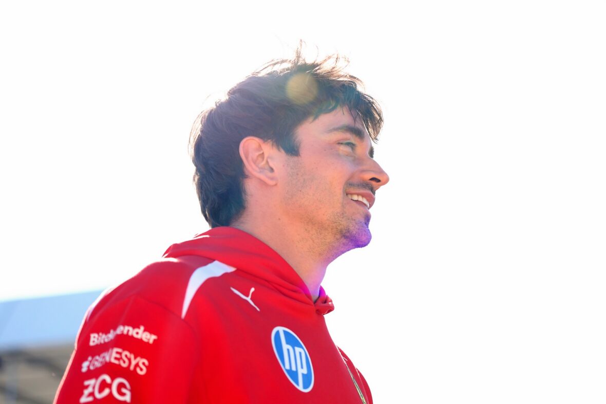 Charles Leclerc arrives at Silverstone Circuit