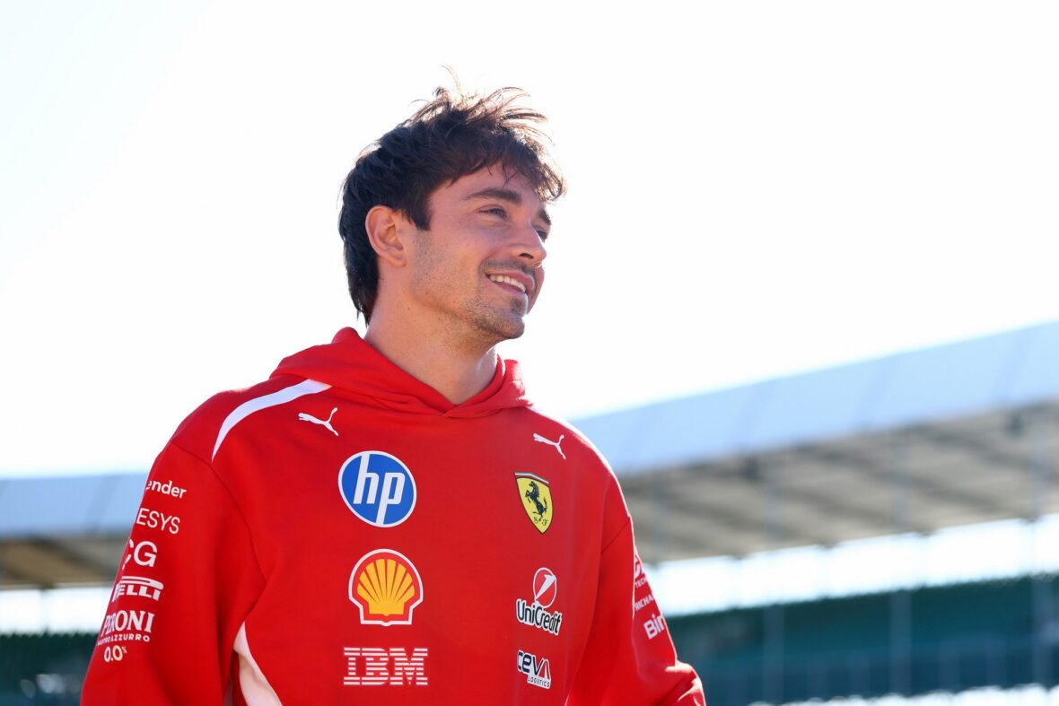 Charles Leclerc arrives at Silverstone Circuit