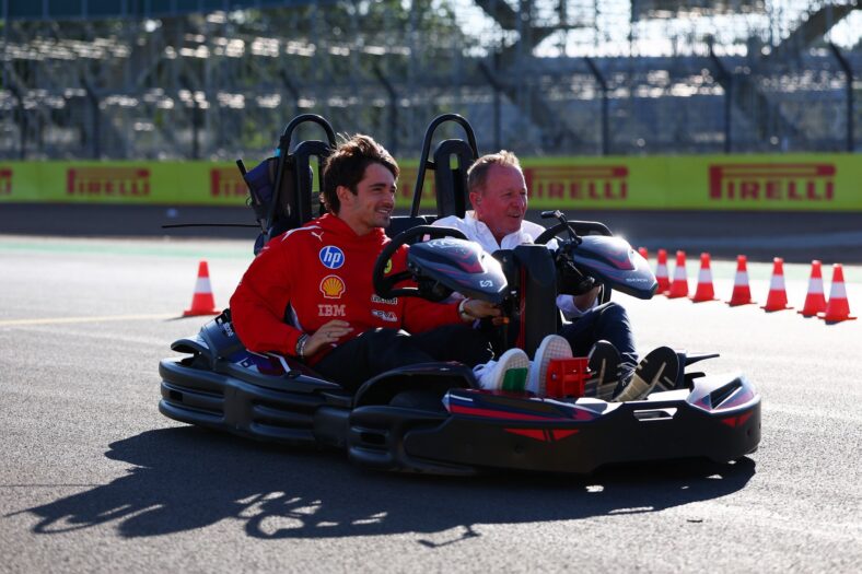 Charles Lecerlc and Martin Brundle go for a drive in a go kart