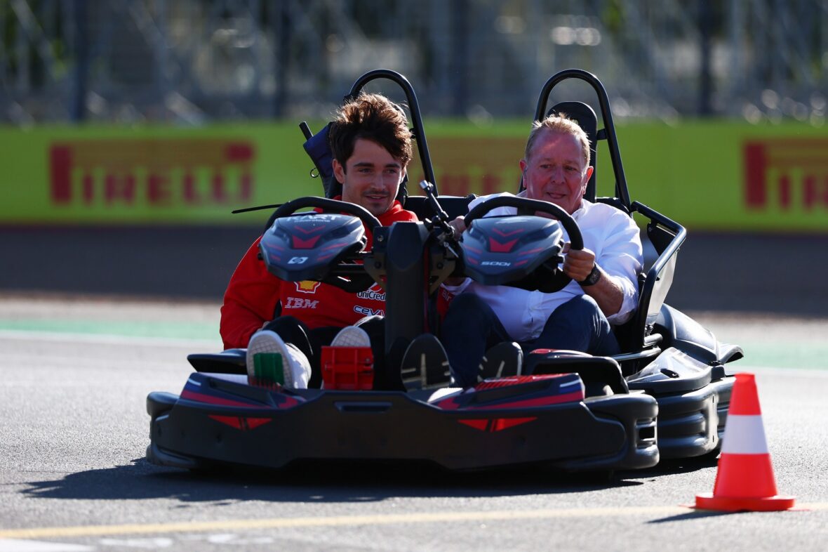Charles Lecerlc and Martin Brundle go for a drive in a go kart