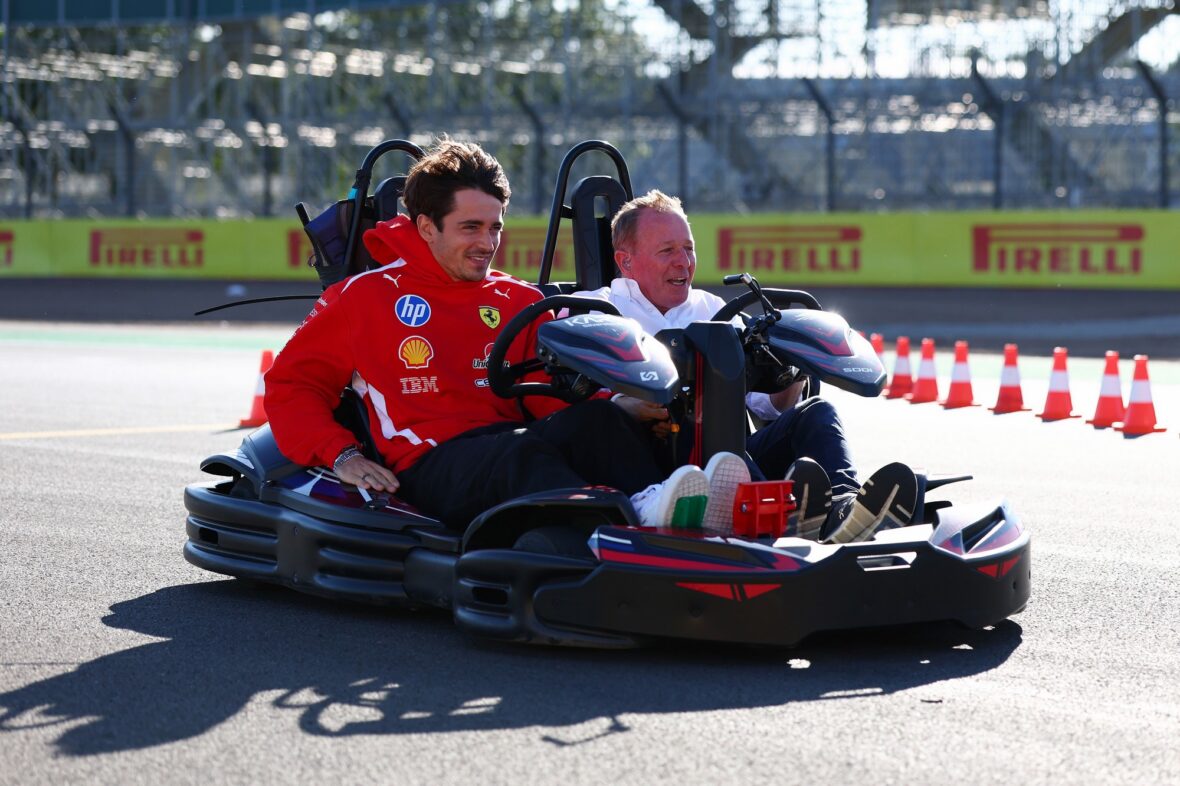 Charles Lecerlc and Martin Brundle go for a drive in a go kart