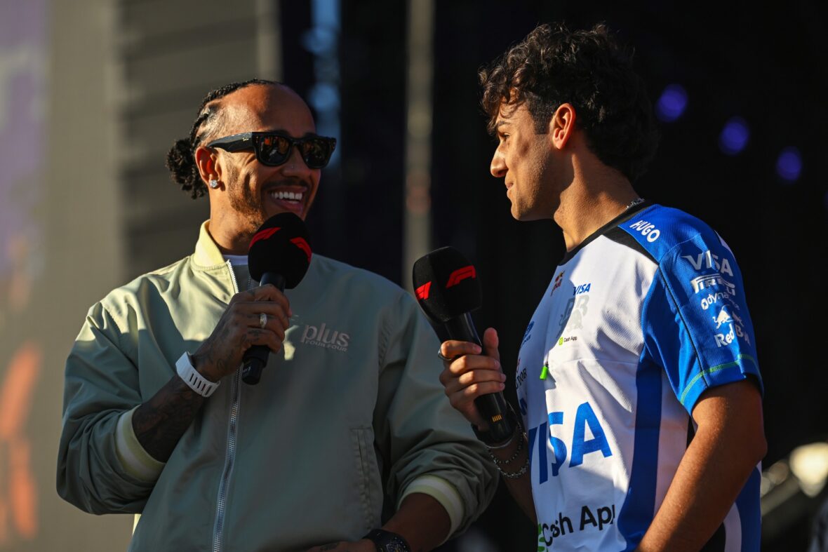 Lewis Hamilton and Arvid Lindblad on stage in Silverstone fan zone