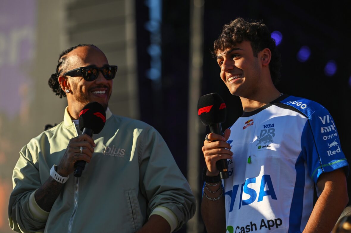 Lewis Hamilton and Arvid Lindblad on stage in Silverstone fan zone