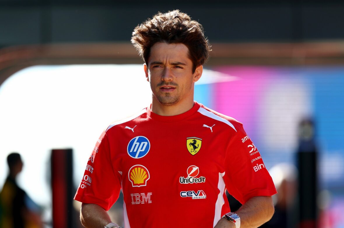 Charles Leclerc arrives at Silverstone Circuit