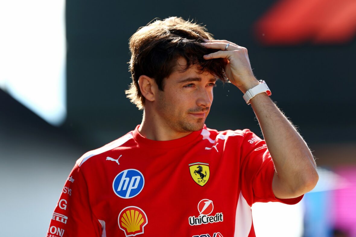 Charles Leclerc arrives at Silverstone Circuit