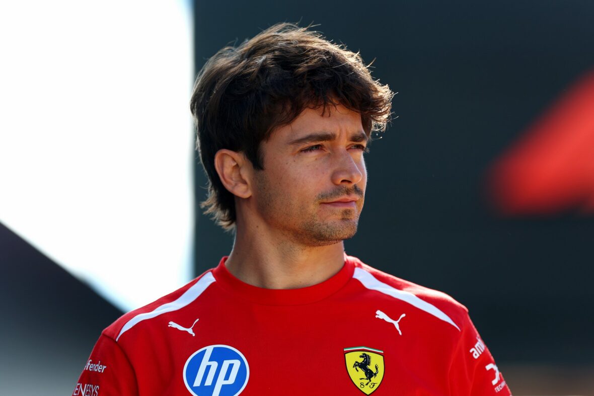 Charles Leclerc arrives at Silverstone Circuit