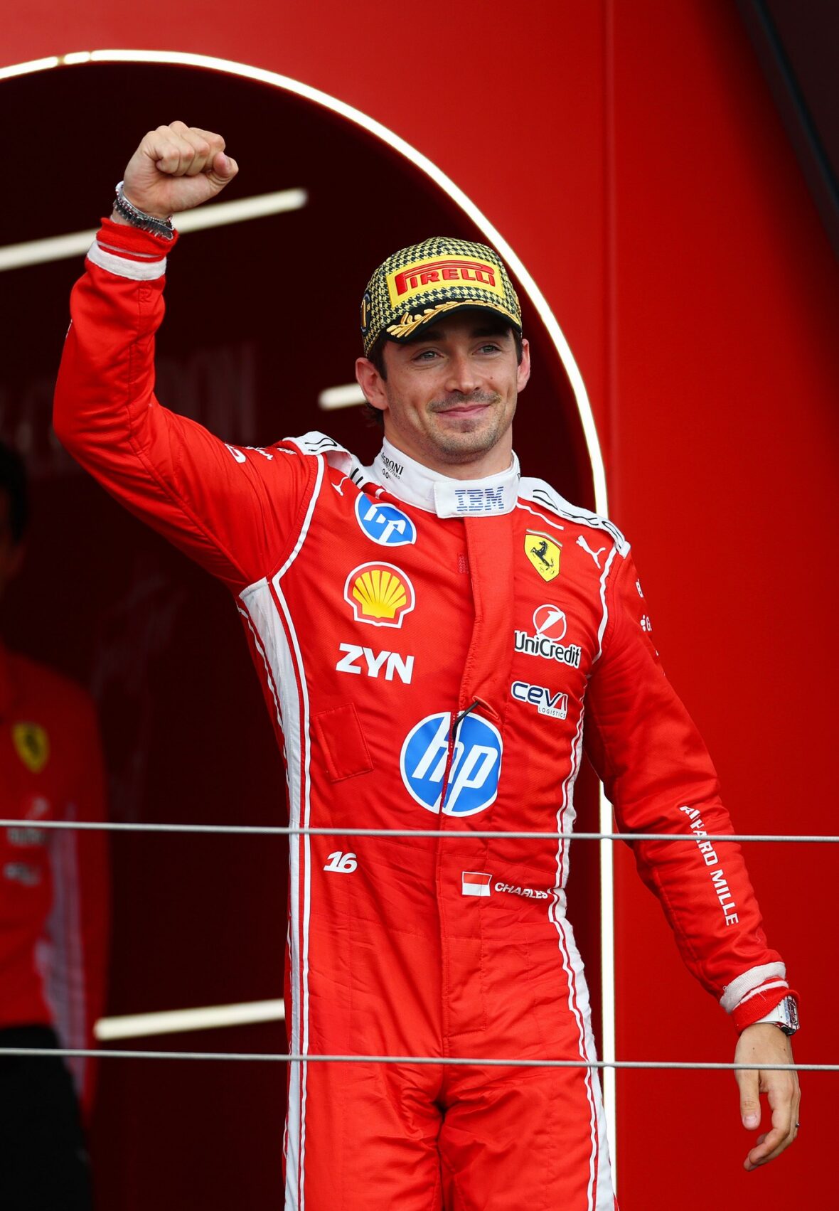 Charles Leclerc celebrates his win after British Grand Prix