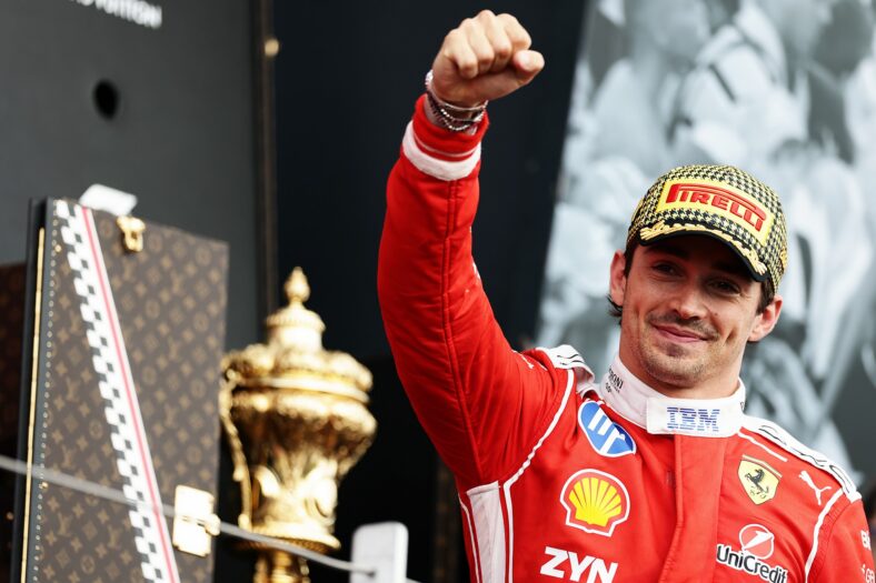 Charles Leclerc celebrates after winning British Grand Prix