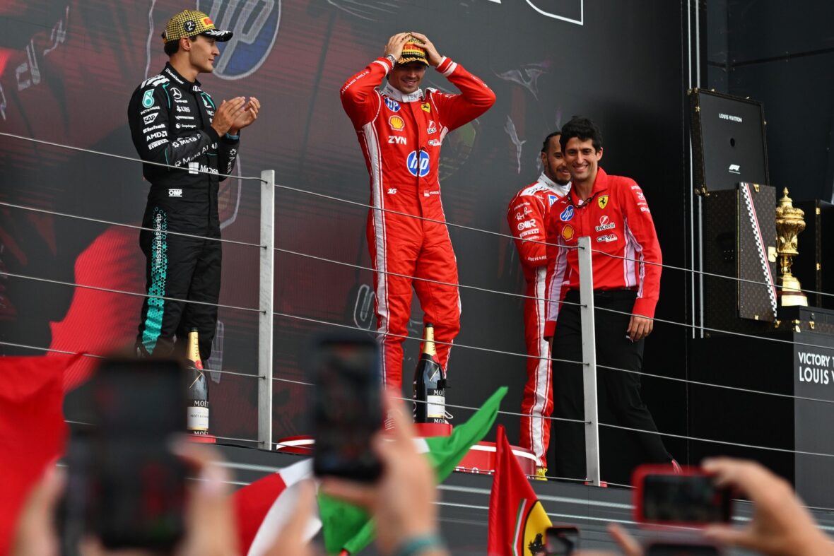 Charles Leclerc celebrates his win after British Grand Prix