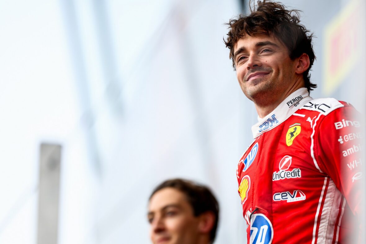 Charles Leclerc celebrates his win after British Grand Prix
