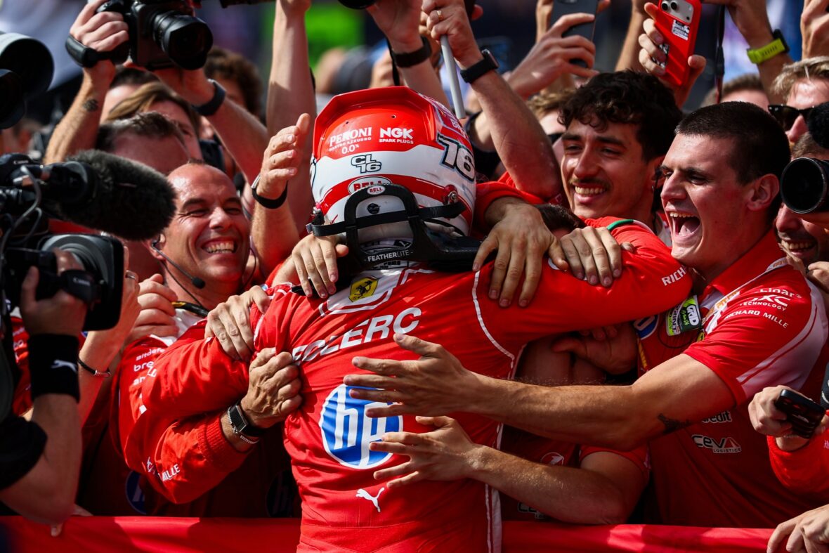Charles Leclerc celebrates his win after British Grand Prix