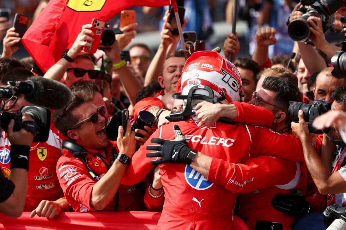 Charles Leclerc celebrates his win after British Grand Prix